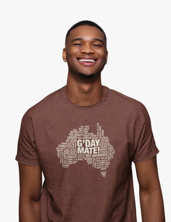 Aussie Slang Map Mens Half Hand Brown TShirt - Image 2